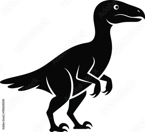black silhouette of a raptor dinosaur, side view, white background