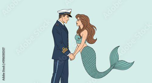 Handsome naval officer and a beautiful mermaid with a long tail hold hands and gaze into each other's eyes.