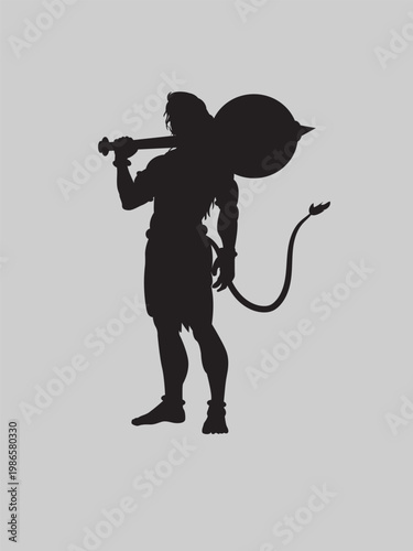 Lord Hanuman Carrying Gada mace Silhouette Black Illustration