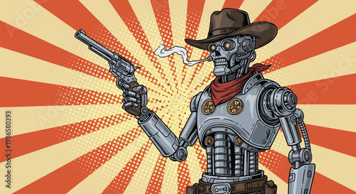 Menacing robot cowboy in a western hat holds a smoking gun against an orange sunburst in a futuristic pop art style.
