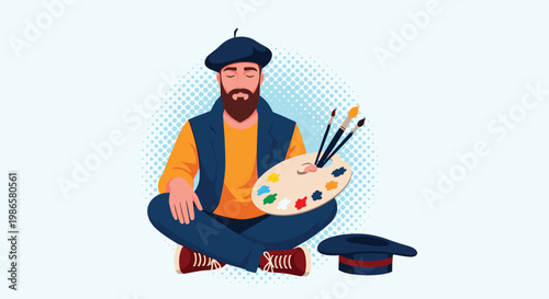 Creative artist man with a beard and beret sits on the floor with a palette and brushes in a calm meditation pose.