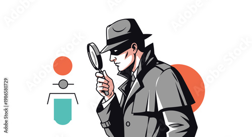 Mysterious private detective wearing a fedora and trench coat examines clues through a large magnifying glass in a vintage drawing.