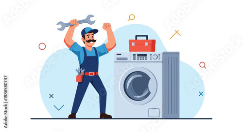 Happy repairman in blue overalls celebrates a successful job next to a modern front load washing machine unit in flat style.