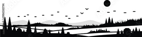 black silhouette landscape with trees, lake, and birds under the moon