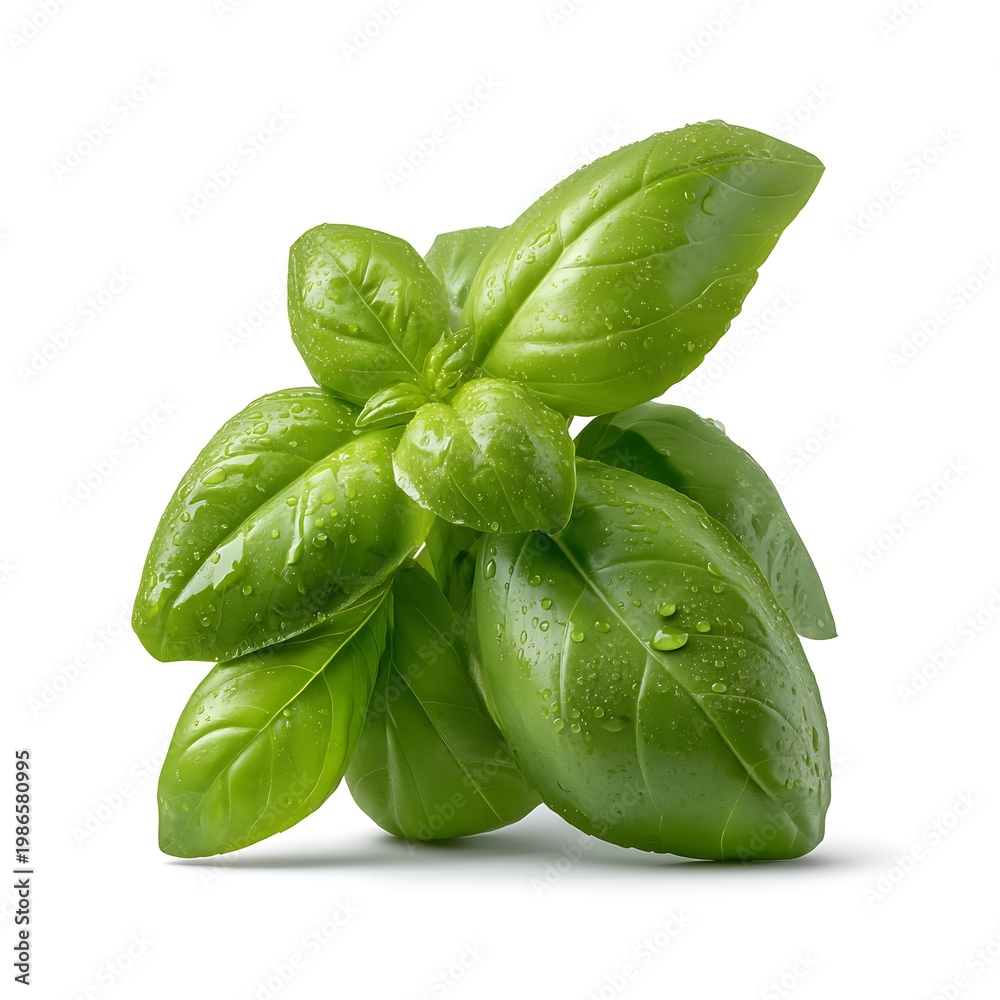 Fototapeta premium Fresh and Vibrant Green Basil Leaves with Water Droplets on White Background