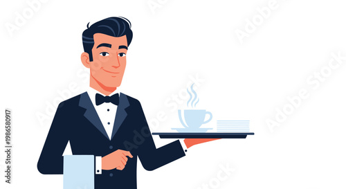 Professional male waiter in a tuxedo holds a serving tray with a steaming cup of coffee and napkins for a customer.