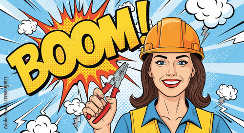 Confident female construction worker in a hard hat holds pliers in front of a loud boom pop art comic background.
