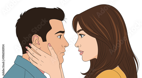 Romantic couple gazes deeply into each others eyes while the woman gently touches the mans face in a close up profile illustration.