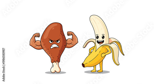 Muscular fried chicken leg flexing its biceps next to a happy yellow banana character for healthy diet comparison.