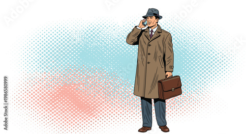 Businessman in a long trench coat and hat talks on a mobile phone while carrying a leather briefcase in pop art style.