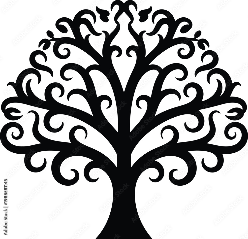 Obraz premium Black silhouette of a tree with curly branches on white background