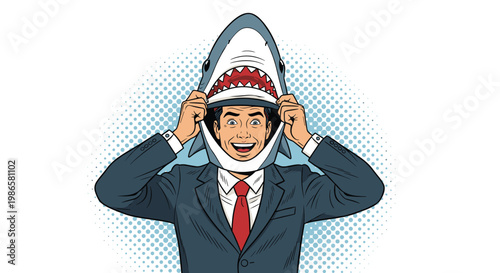 Surprised businessman is revealed as he unzips and steps out of a shark costume in a funny pop art illustration.