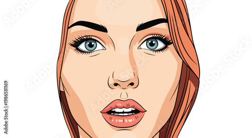 Beautiful young woman with red hair and piercing blue eyes looks forward in a detailed close up facial portrait.