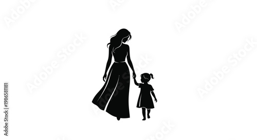 Silhouette of a mother and young child walking hand in hand