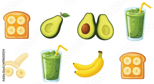 Vibrant vector graphic collection featuring healthy breakfast food items like sliced bananas, avocados, and green fruit smoothies