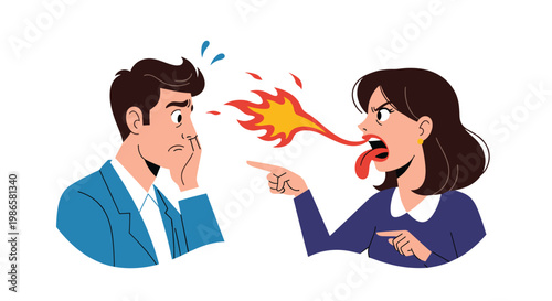 Angry woman literally breathes fire at a shocked man while pointing a finger during an intense relationship argument.