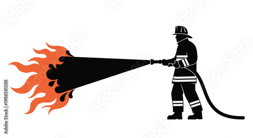 A firefighter directs a water stream towards intense stylized flames