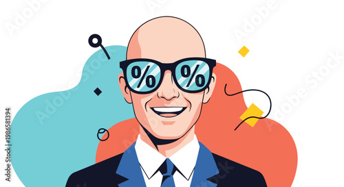 Happy bald businessman wears glasses with percent symbols on the lenses representing financial success and sales.