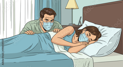 Concerned man wearing a face mask looks at a sleeping woman also wearing a mask in bed during a period of illness.