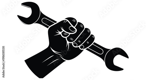 Powerful human fist firmly grips a wrench, symbolizing strength, repair, and mechanical work in this bold vector graphic design.