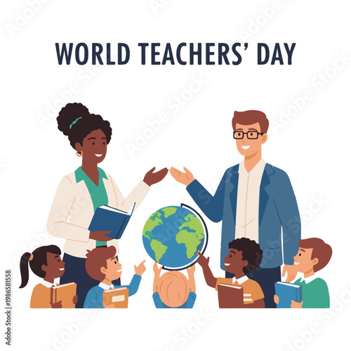 Diverse group of happy teachers and young students celebrating World Teachers' Day with a globe and books.