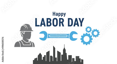 Happy labor day illustration with tools skyline and worker silhouette