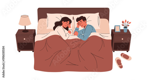 Young couple sleeps peacefully together in a large bed with bedside tables and a warm lamp in a cozy bedroom scene.