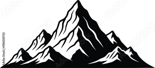 mountain range landscape silhouette, black and white illustration, peak, hills, adobe stock image