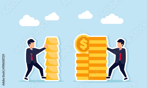 Two businessmen pushing gold stacks and dollar coins in opposite directions illustration of direct physical gold trading and exchange concept