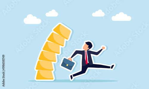 Businessman running away from collapsing gold stacks illustration of risk management during falling gold value and market decline