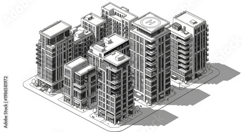 Modern Cityscape Architectural Rendering of Apartment Buildings.