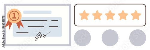 Achievement, certification, recognition, training, professional growth, quality assurance. A certificate with a ribbon, signature and five-star rating. Achievement and certification concept