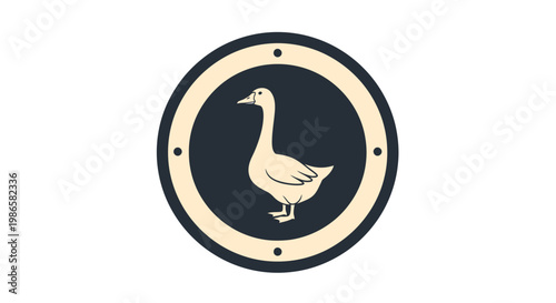 White duck in circular emblem logo.