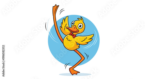 Yellow cartoon bird dancing happily alone.
