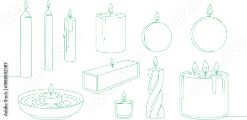 Collection of various stylized candle illustrations featuring different shapes and sizes isolated on transparent background