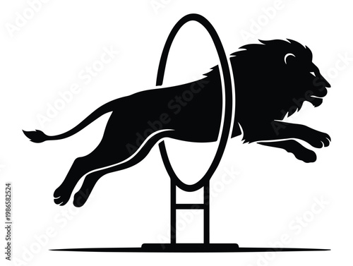 Lion Jumping Through Ring Shape Icon Silhouette Vector black design on a white background
