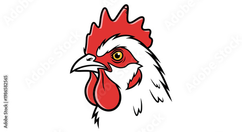 Rooster head with red comb feathers.