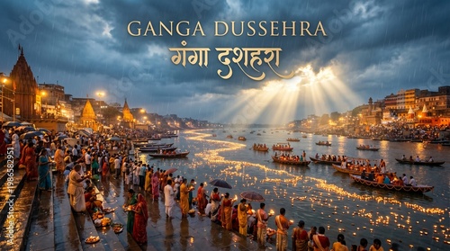 Spiritual ganga dusshera celebration at sacred river ghats with glowing diyas boats crowd and dramatic rain sky light for cultural festival promotion use