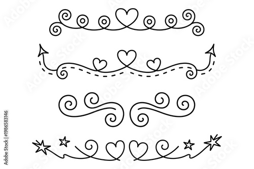 love hearts ornate set with decorative flourishes and swirls, for Valentine's Day, wedding invitations, romantic elegant, and decorative designs

