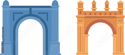 Architectural arches set with classical and decorative designs, monument structures vector illustration collection for design