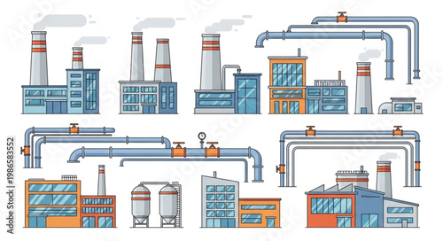 Industrial factory buildings and pipelines illustration.