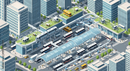 Modern City Bus Station with Tall Buildings and Green Rooftops.