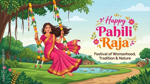Pahili raja festival illustration with traditional swing woman in saree village landscape scene celebrating odisha culture nature and womanhood for festive greeting banner and marketing use