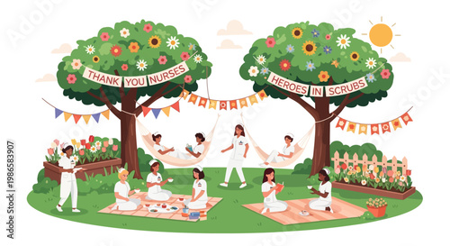 Nurses Enjoying A Well-Deserved Picnic Under Decorated Trees