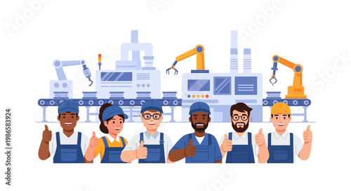 Diverse Factory Workers Giving Thumbs Up in Modern Automated Production Line