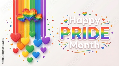 Colorful pride month celebration design with rainbow heart elements and festive typography on clean background for diversity campaign branding and social media promotion