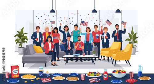 Diverse Group Celebrating America with Flags and Snacks