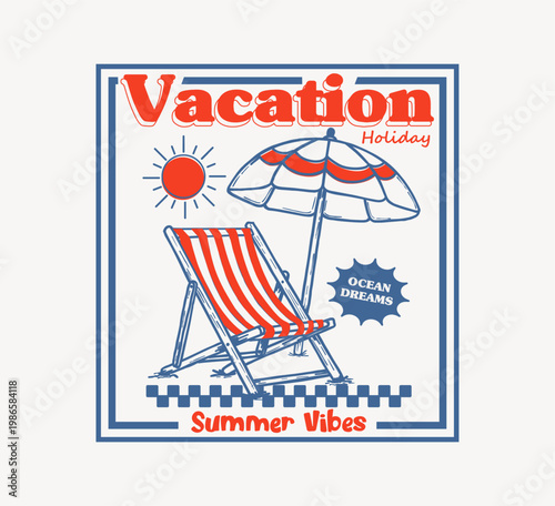 retro summer vacation t shirt design featuring a beach chair, umbrella, and sun with vintage typography and ocean vibes for apparel, streetwear, hoodie and etc