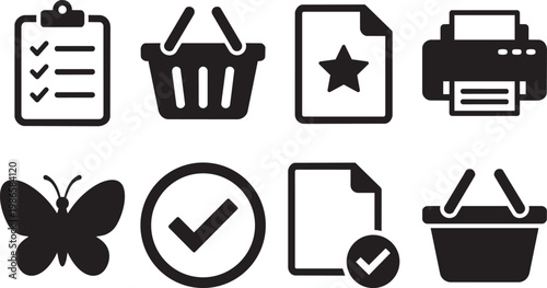 Assortment of black icons for business, shopping, and verification tasks isolated on white background