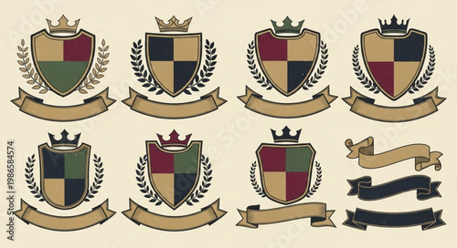 Collection of heraldic shields with crowns and banners.